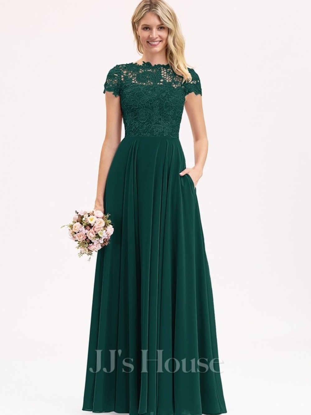 JJs House Estelle Dark Green Lace Bodice Chiffon Maxi Dress With Pockets